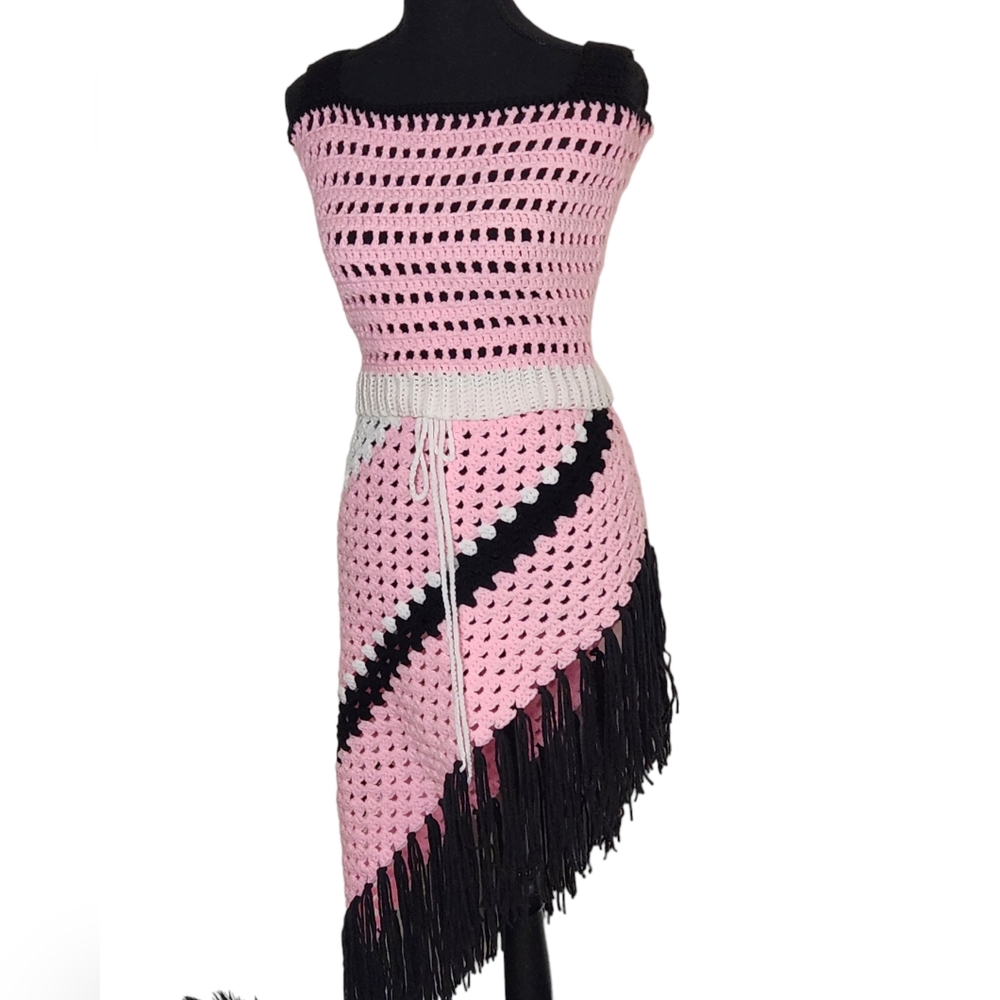 Crochet Asymmetrical Fringed Skirt Set